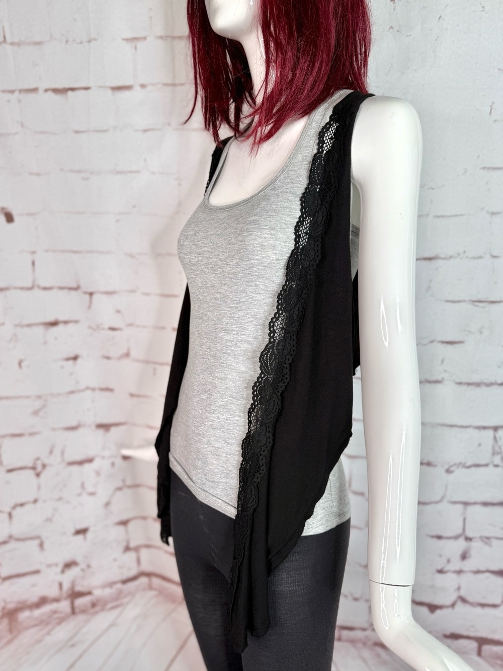 Y2K VIXEN Boho Goth Grunge Indie Festival Black Lace Edge Open Front Vest Medium